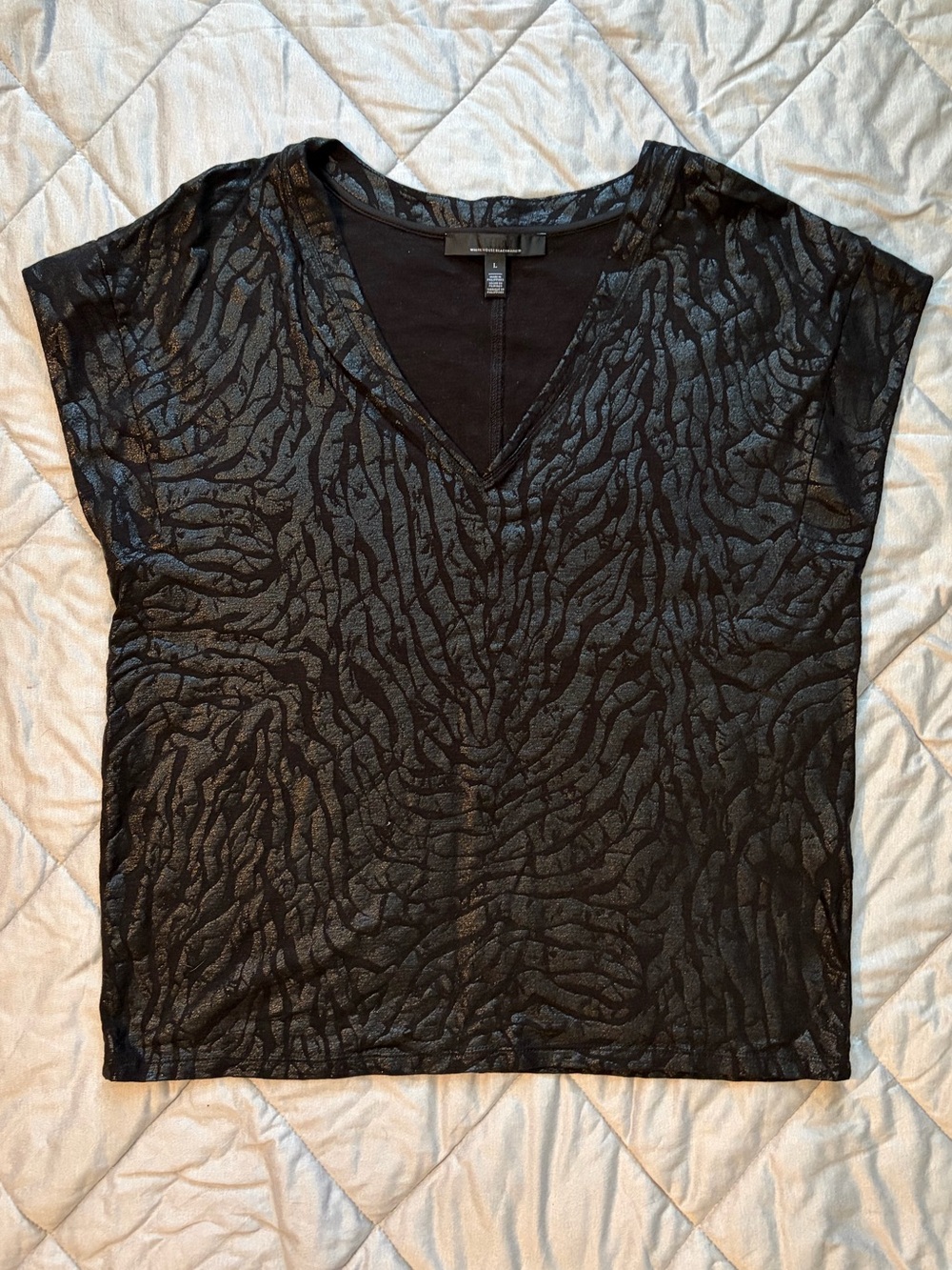 White House Black Market Black V-Neck Textured Short Sleeve Top